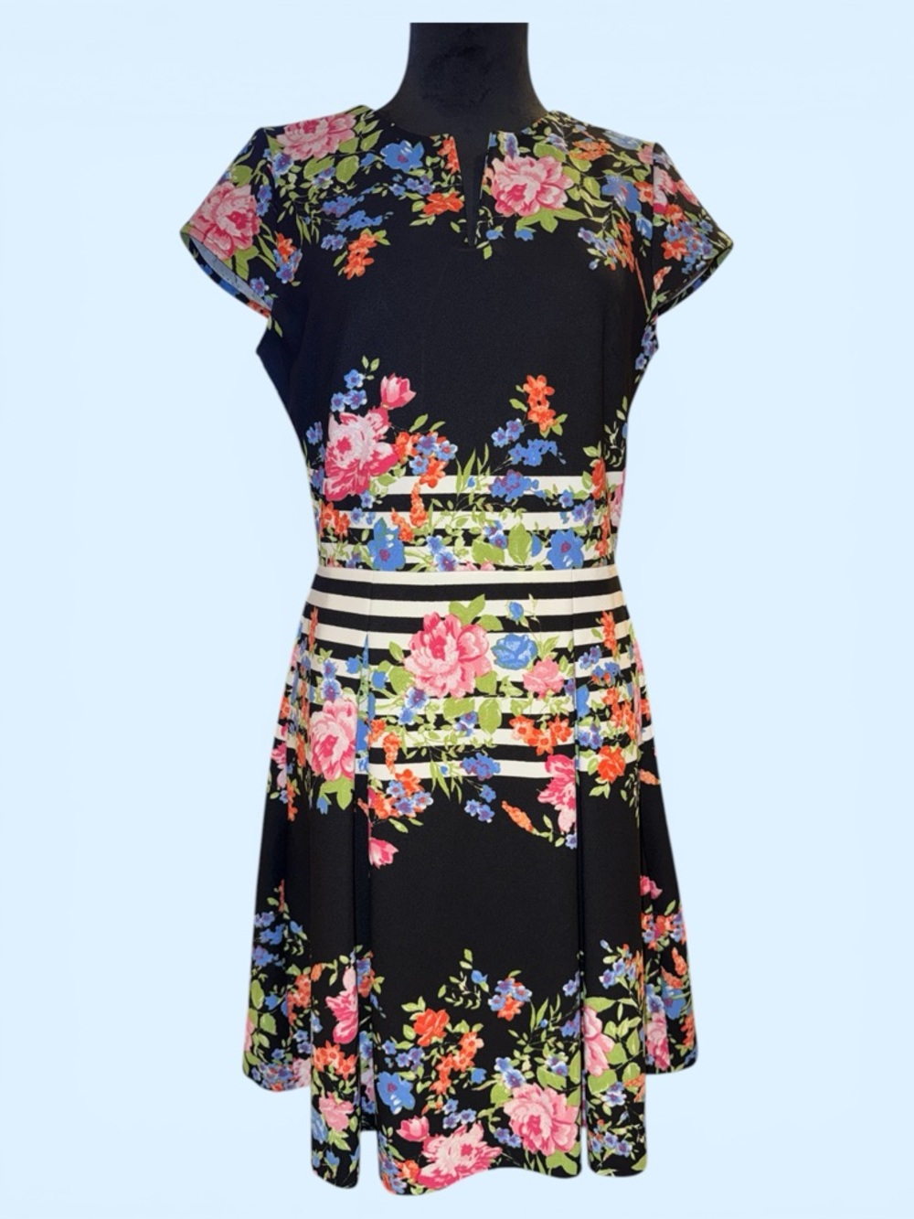 Gabby Skye Fit and Flare Pleated Black Floral Dress With Pockets, Size 10